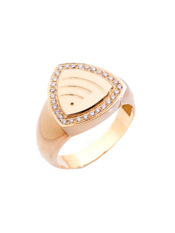 Pırlanta taşlarla çevrelenmiş modern geometrik formda 18 ayar altın yüzük tasarımı