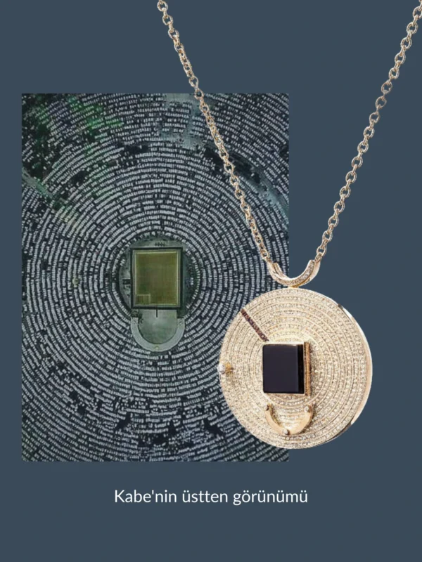 18 ayar altın pırlantalı kolye; merkezinde kare kesim siyah onyx taşı bulunan, dairesel pırlanta dizilimli Unity koleksiyonu mücevheri.