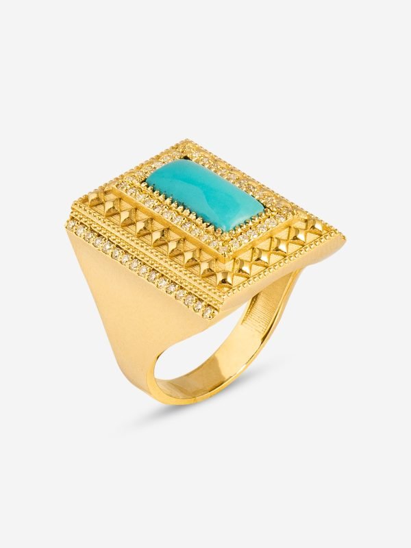 Mimari pencere formunda merkezi doğal firuze taşlı ve pırlanta çevrelemeli 18 ayar altın yüzük