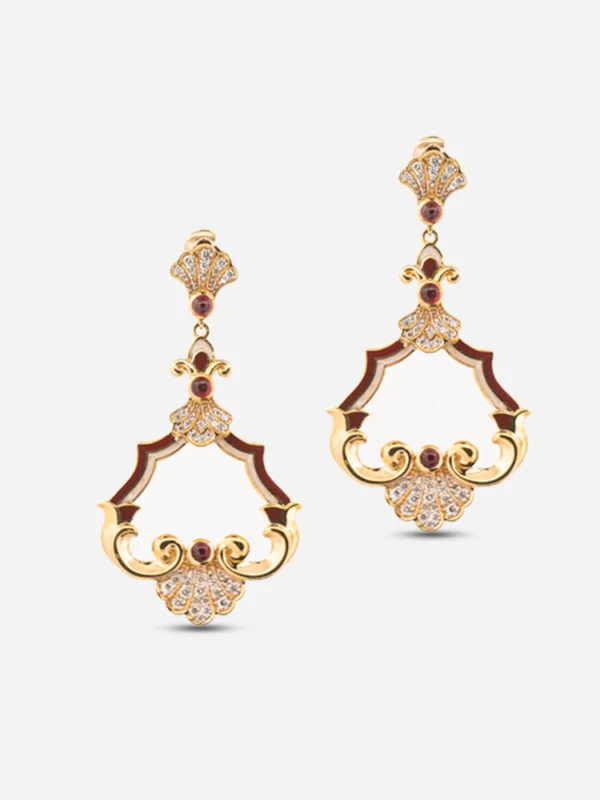 18 ayar altın pırlantalı ve yakutlu Asalet-i Revan küpe, Harem koleksiyonu dikey sallantılı saray mücevheri tasarımı.