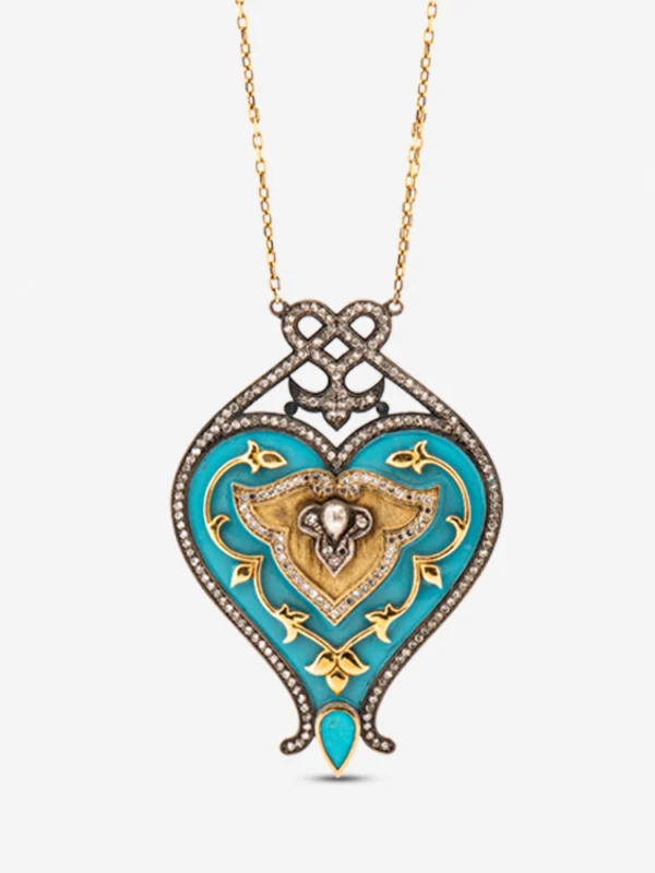 18 ayar altın pırlantalı ve turkuaz mineli İpek Yolu Vahası kolye, mistik damla formlu lüks mücevher tasarımı.