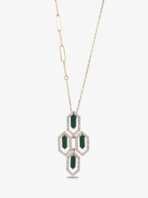 18 ayar altın pırlantalı yeşil taşlı altıgen formlu petek kolye tasarımı.