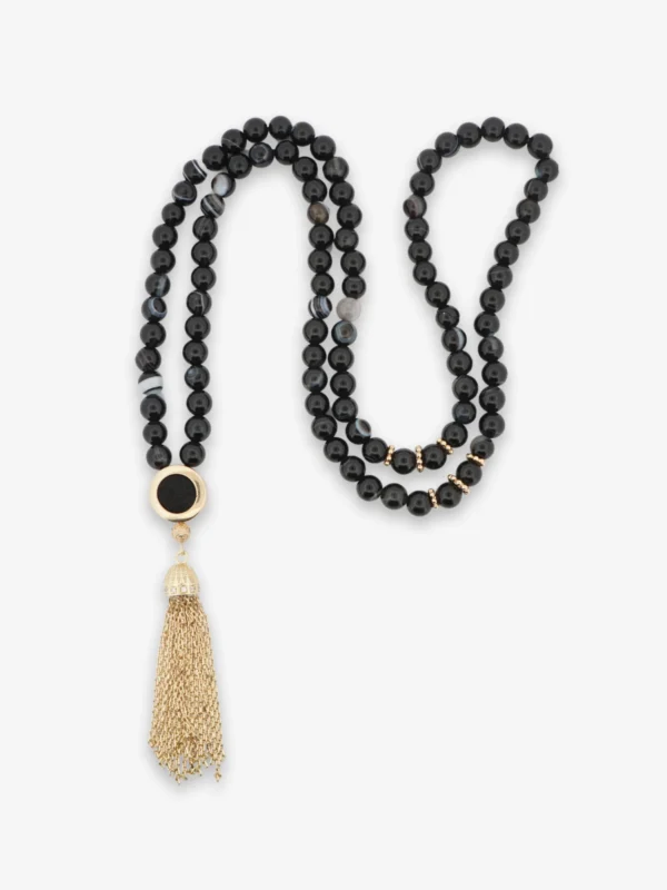 925 sterling silver prayer beads, featuring black agate stones and an original Kaaba cover, in a luxurious 99-bead design.