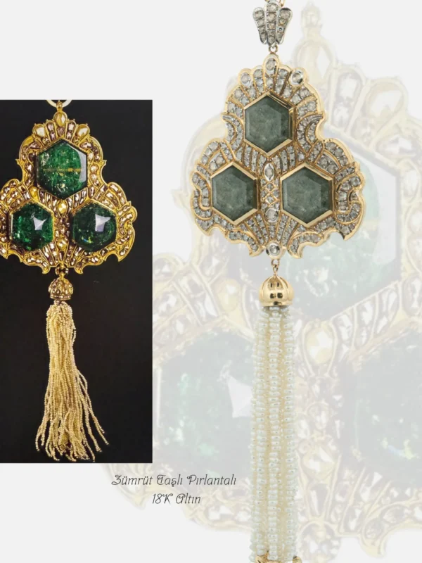 18 ayar altın üzerine iç içe geçmiş halkalar ve kırmızı mine noktaları barındıran, merkezinde mürdüm-zümrüt tonlarında doğal taş bulunan tasarım kolye.
