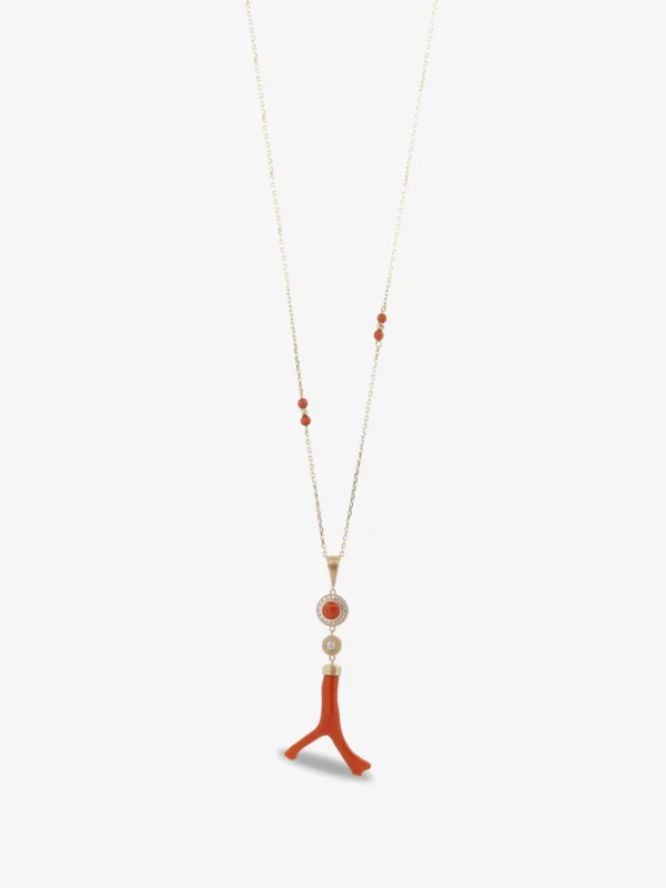 Necklace pendant design featuring a round coral stone set in a diamond frame on an 18-karat gold chain, with a natural red coral branch hanging vertically below.