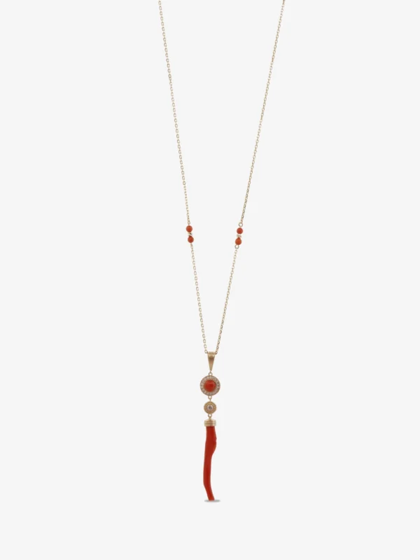 A necklace featuring an 18-karat gold chain with a circular coral pendant framed in diamonds, adorned with a delicate, vertically shaped natural red coral branch pendant below.