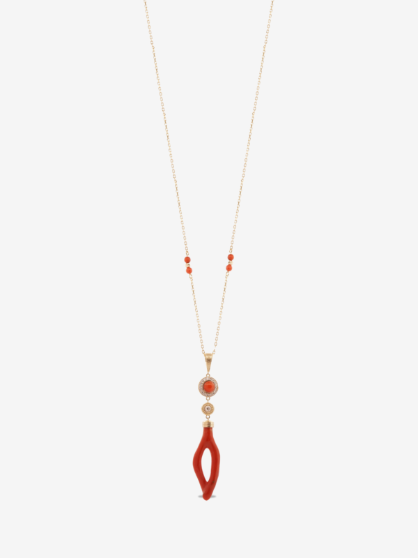 Necklace design featuring an 18-karat gold chain with a coral cabochon surrounded by diamond stones, and a natural red coral branch pendant with an open center and teardrop shape hanging below.