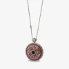 925 sterling silver burgundy enamel necklace; features Arabic calligraphy reading "Ya Hannan Ya Mennan" and an original piece of the black Kaaba cover at its center.