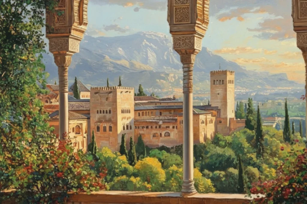 Elhamra Sarayı tarzında, kemerli balkon manzaralı klasik yağlı boya tablo estetiği.